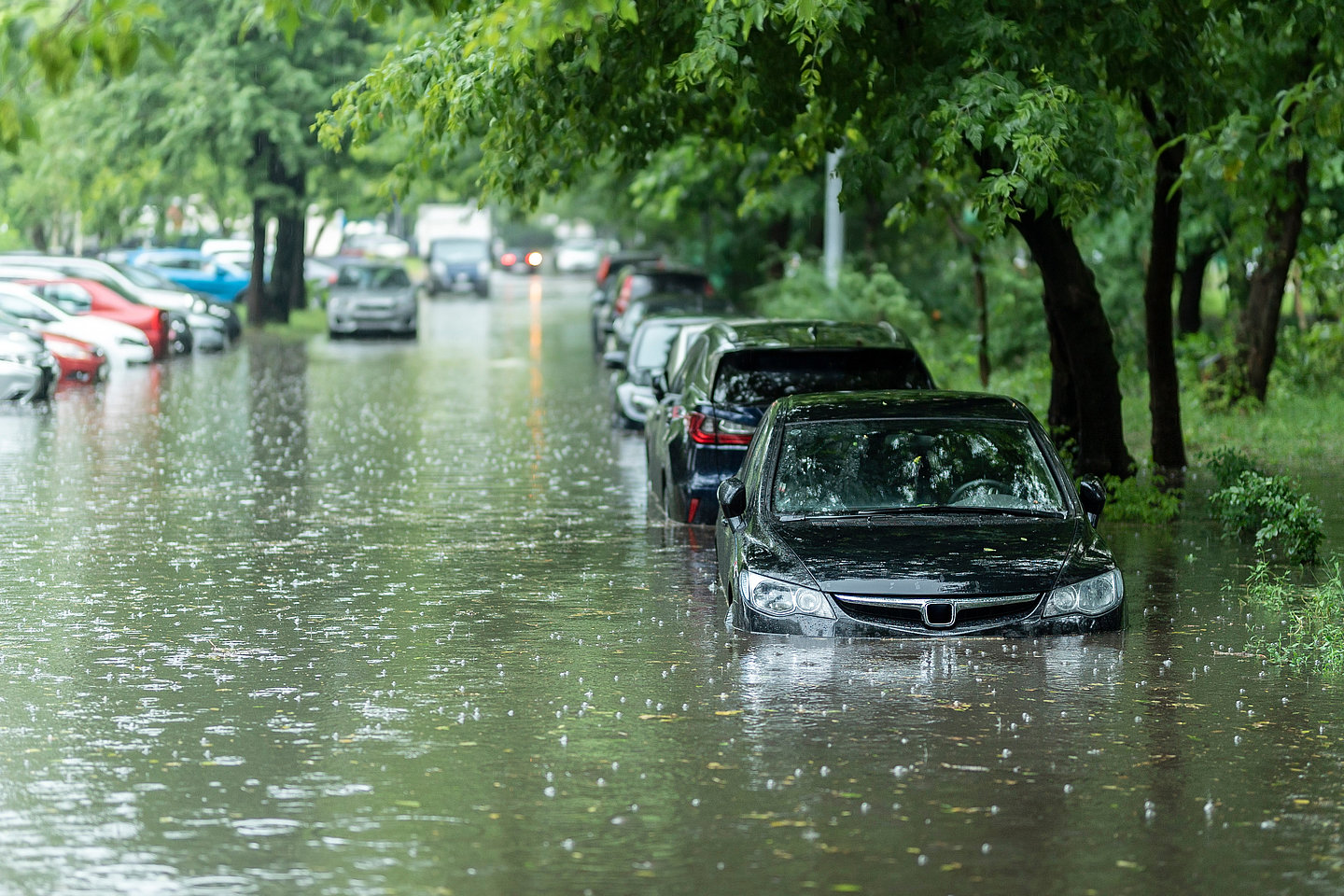 Überschwemmte Straße mit parkenden Autos